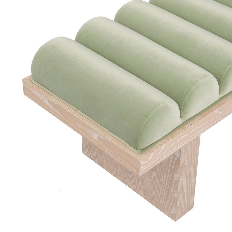Sage Green Bench Detail View - Modern Worlds Away Caspian Green Velvet Bench at Fig Linens and Home