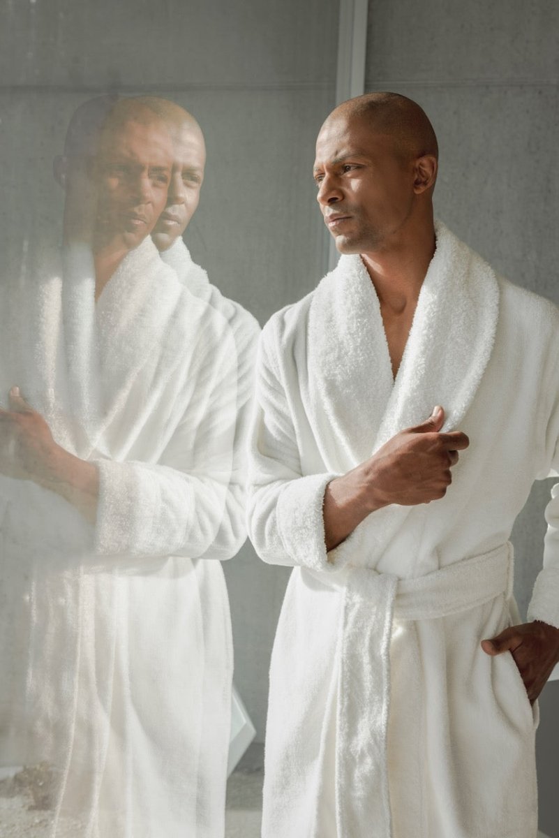 White Bathrobe - Habidecor Abyss Comfy Robe shown on Man in Color 100 - Fig Linens and Home