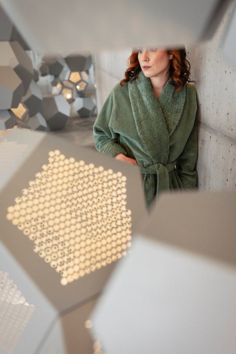 Green Bathrobe - Habidecor Abyss Comfy Robe on Woman in Color 280 Evergreen - Fig Linens and Home