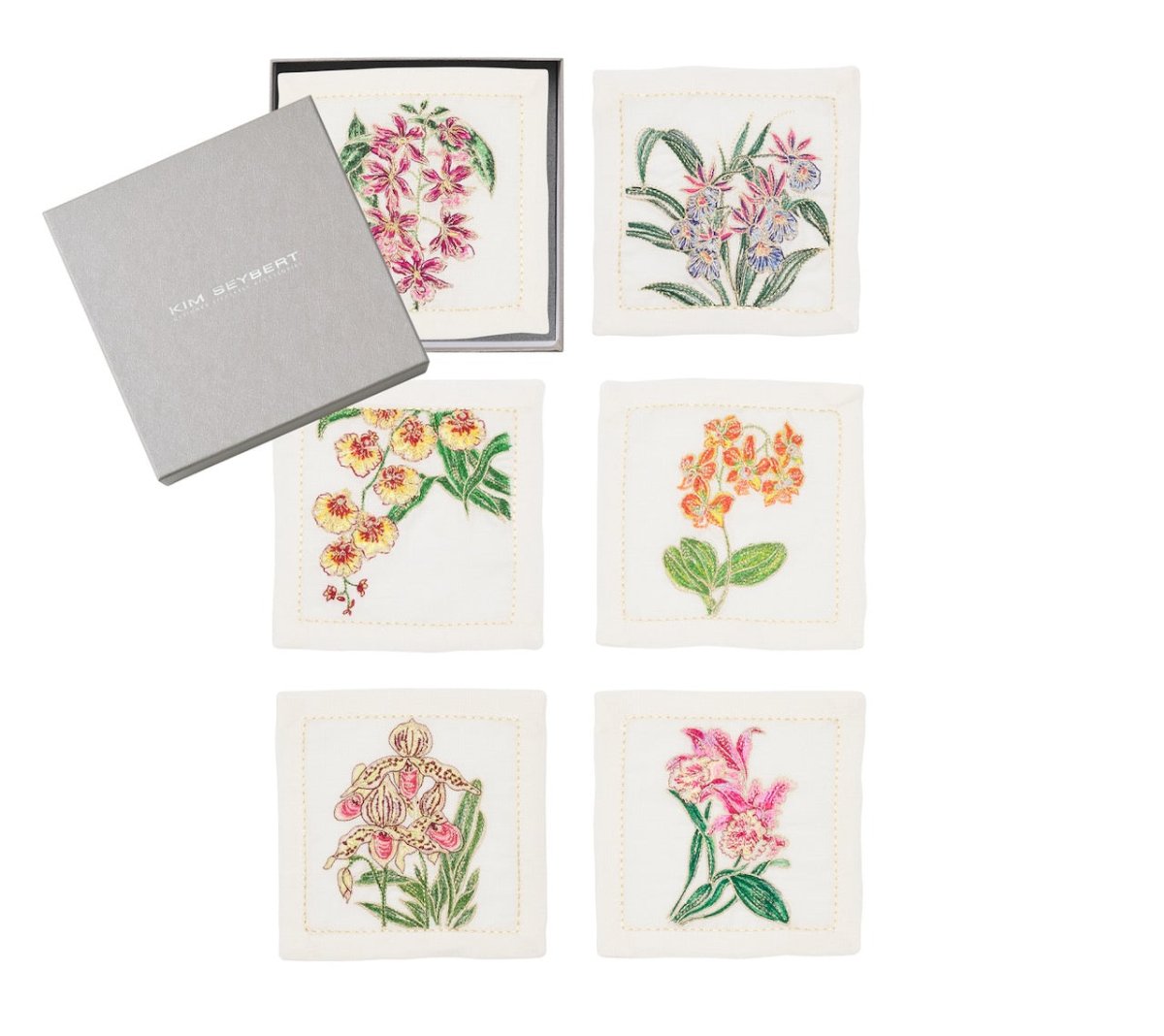 Kim Seybert Orchid Cocktail Napkins in White & Multi, Set of 6 in a Gift Box by Kim Seybert - White/Multi 6"L x 6"W x 0.1"H at FIG LINENS AND HOME - 3