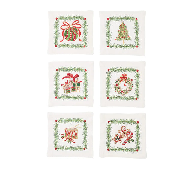 Xmas Trellis White/Multi Cocktail Napkin | Kim Seybert at Fig Linens and Home