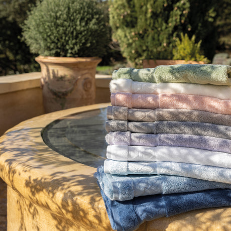 Caresse Pebble Grey Bath Collection by Le Jacquard Francais at Fig LInens and Home - Lifestyle