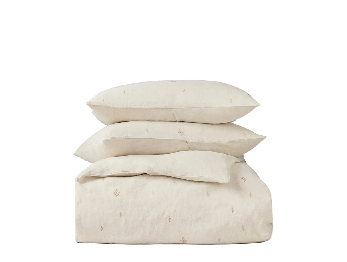 Stack of Duvet & Shams - Coyuchi Cambria Embroidered Organic Linen Natural Chambray Bedding