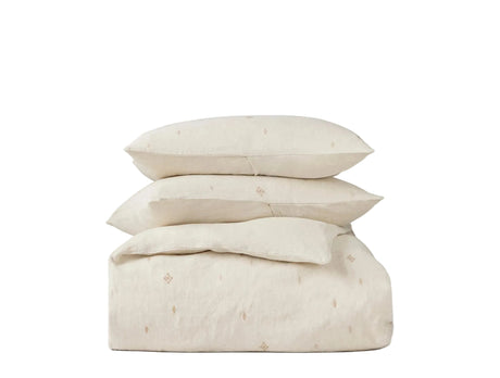 Stack of Duvet & Shams - Coyuchi Cambria Embroidered Organic Linen Natural Chambray Bedding