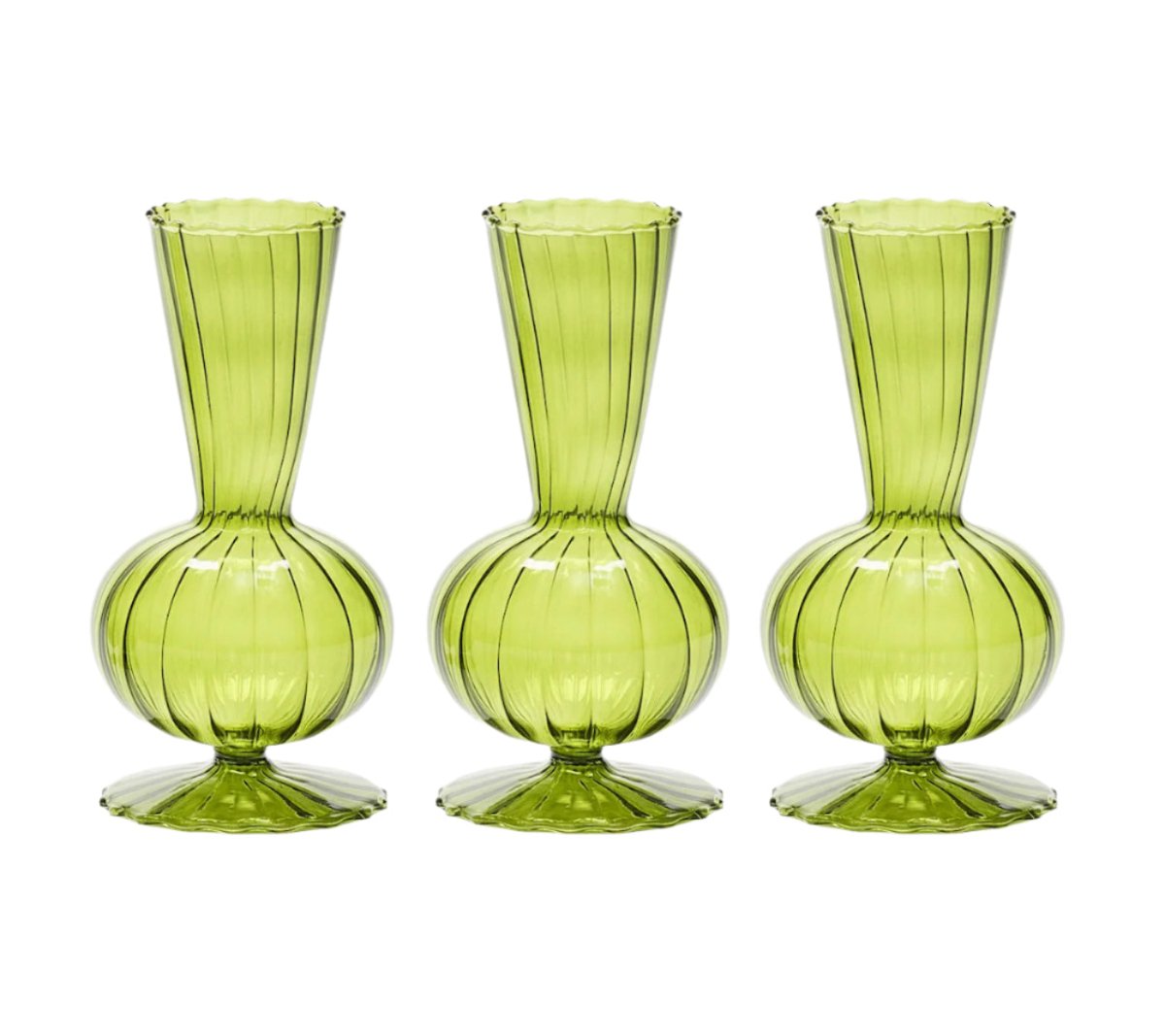 Kim Seybert BUD VASE: TESS S3 - Olive Green Glass Bud Vases Set at Fig Linens and Home 1