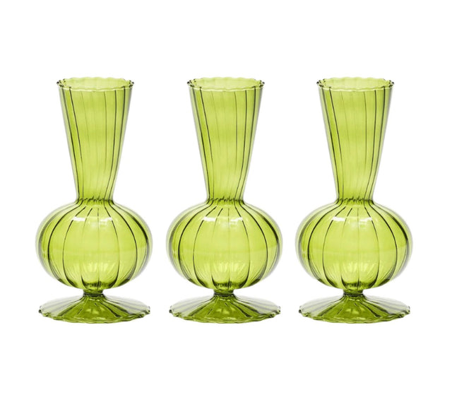 Kim Seybert BUD VASE: TESS S3 - Olive Green Glass Bud Vases Set at Fig Linens and Home 1