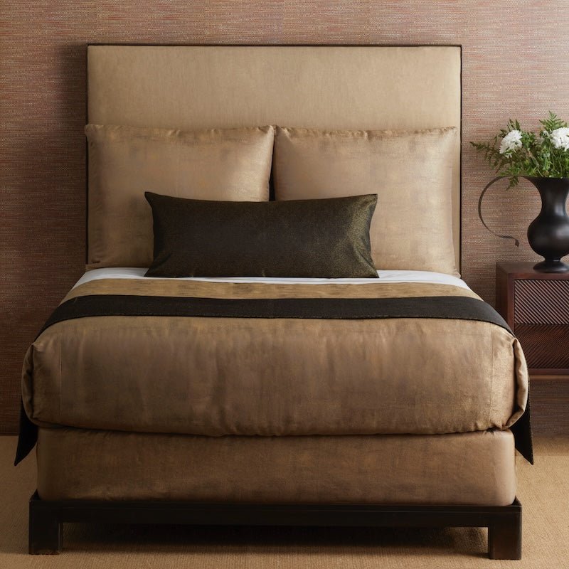 Ann Gish - Dapple Black and Gold Art of Home Bed Finisher shown on gold Bedding - Bed End View
