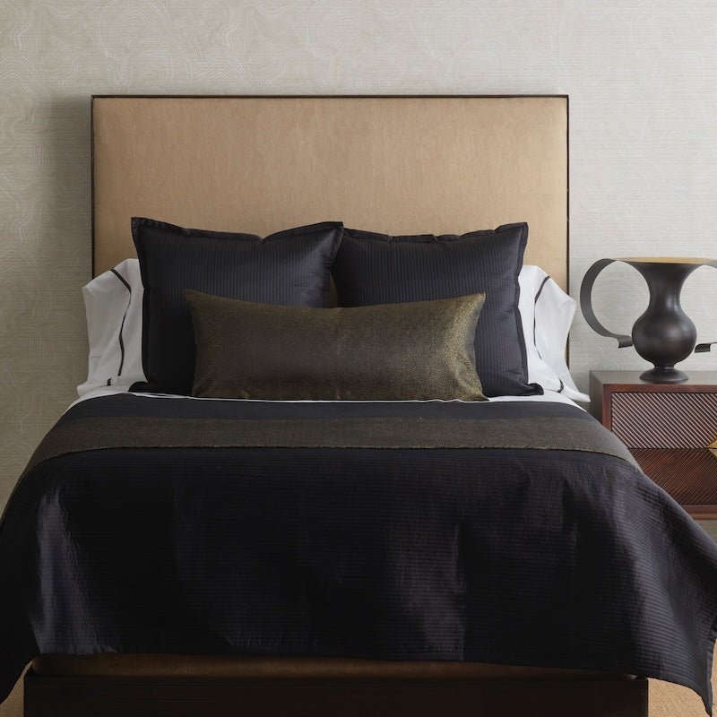 Ann Gish - Dapple Black and Gold Art of Home Bed Finisher shown on Black Bedding - Bed End View