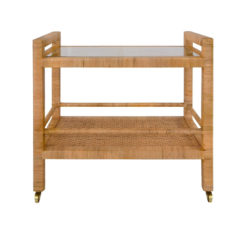 Elsie Rattan Bar Cart by Worlds Away - Front view of Rattan Bar Cart at Fig Linens and Home