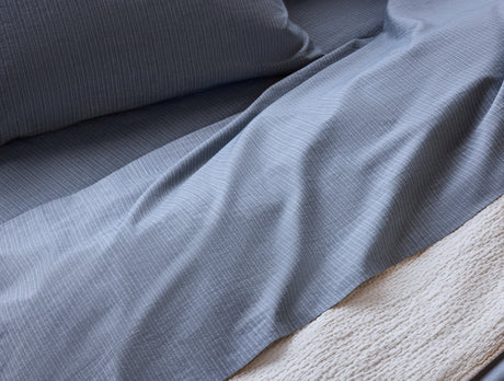 Organic Crinkled Percale Indigo Chambray Stripe Sheet Set Styled Room View 2 | Coyuchi at Fig Linens and Home