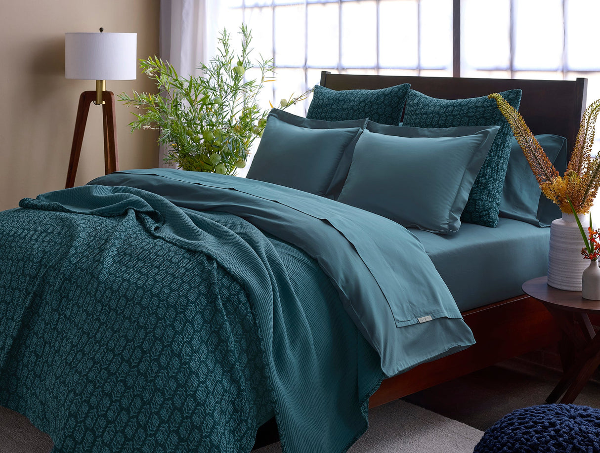 Mirada Organic Matelasse Cerulean Chrysanthemum Coverlet Styled Room View | Coyuchi at Fig Linens and Home