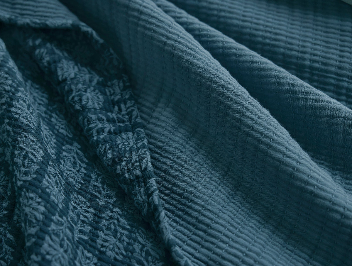 Mirada Organic Matelasse Cerulean Chrysanthemum Coverlet Styled Room View 3 | Coyuchi at Fig Linens and Home