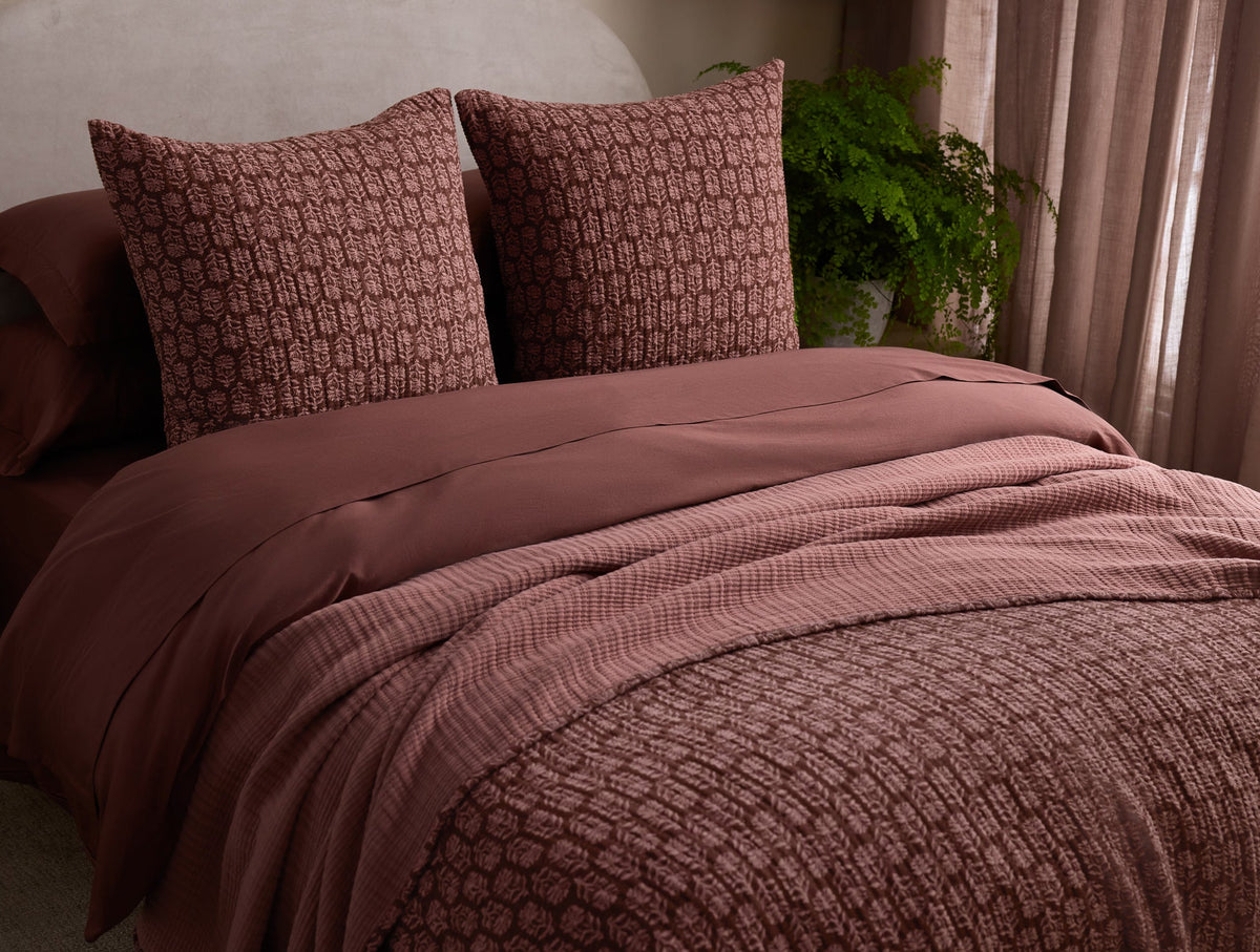 Mirada Organic Matelasse Plum Blossom Chrysanthemum Coverlet Styled Room View 2 | Coyuchi at Fig Linens and Home
