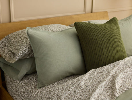 Organic Crinkled Percale Olive Chambray Sham Styled Room View | Coyuchi at Fig Linens and Home