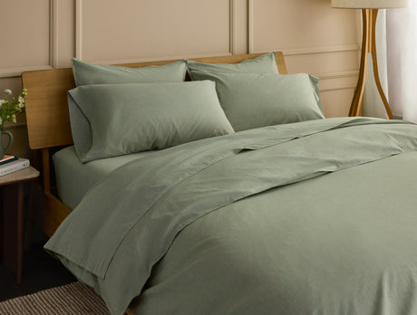 Organic Crinkled Percale Olive Chambray Sheet Set Styled Room View | Coyuchi at Fig Linens and Home