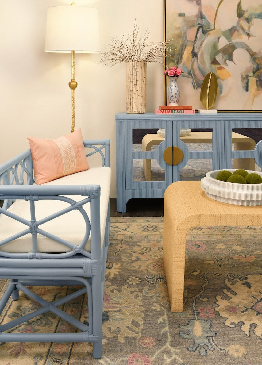 Worlds Away Newbury Coffee Table Lifestyle - Grasscloth Waterfall Table at Fig Linens and Home 1