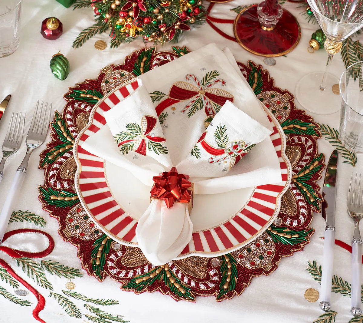 Holiday Bow Red/Gold Napkin Ring Detail 3 | Kim Seybert at Fig Linens and Home