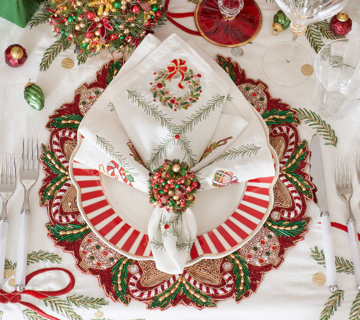 Candy Cane Bow Red/Green/Gold Placemat Detail 6 | Kim Seybert at Fig Linens and Home