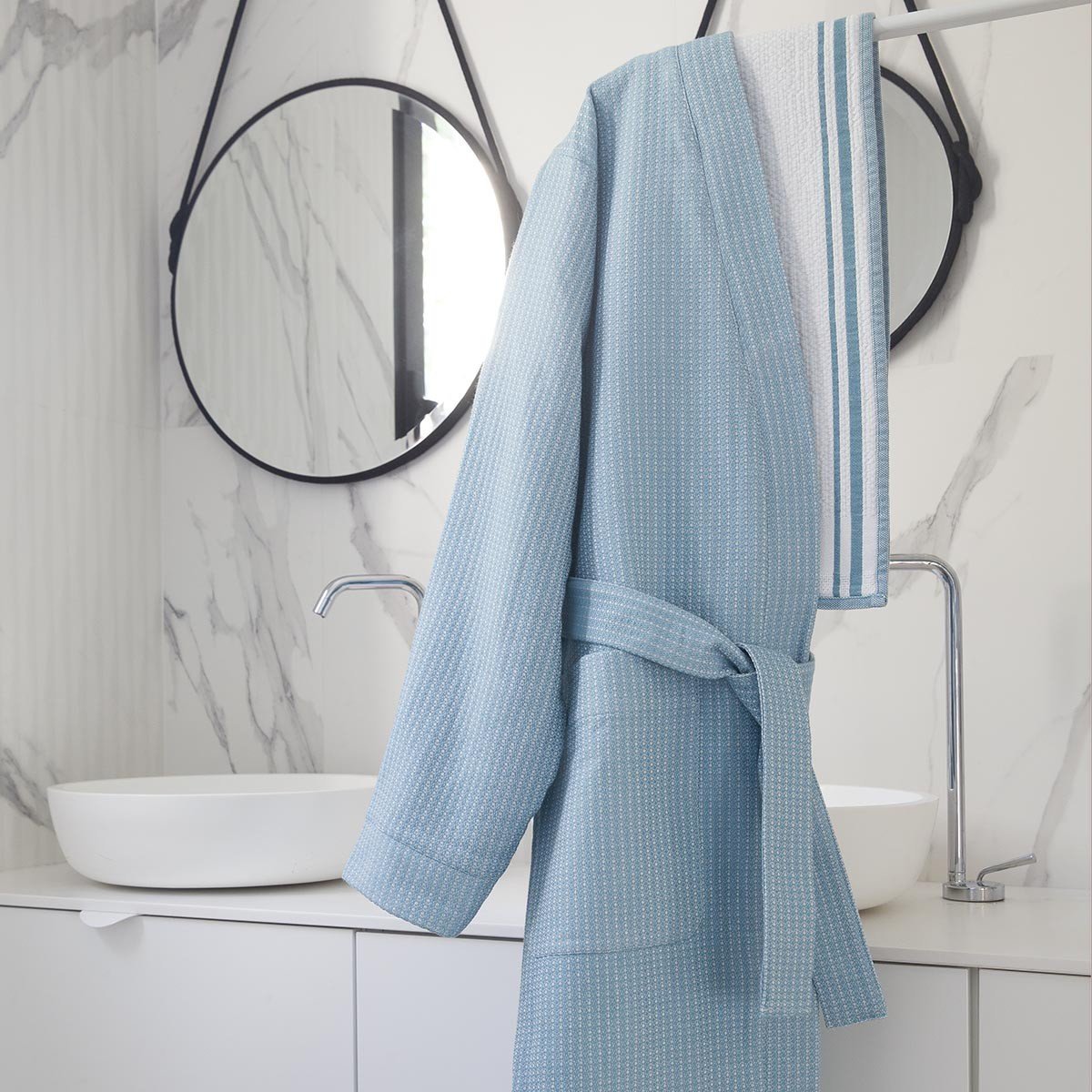 Duetto Adriatic Blue Bathrobe by Le Jacquard Français | Fig Linens