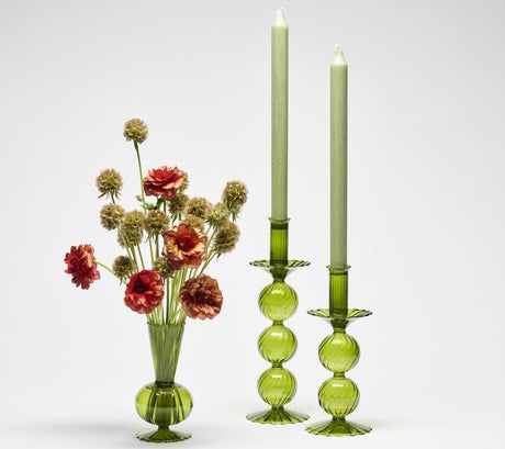 Kim Seybert BUD VASE: TESS S3 - Olive Green Glass Bud Vases Set at Fig Linens and Home 3 - Shown with Candlesticks