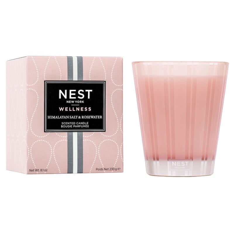 Himalayan Salt &amp; Rosewater Classic Candle by Nest shown with box, by Fig Linens and Home.