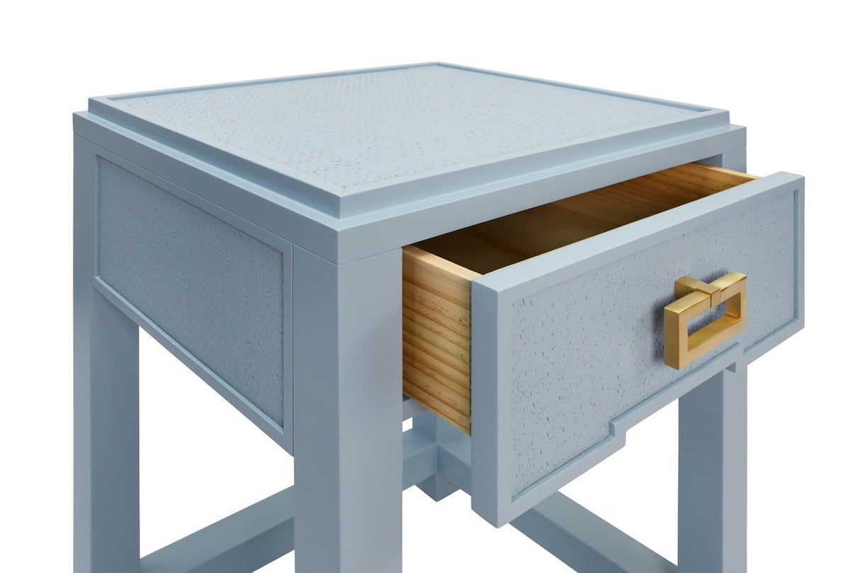 Jean Light Blue Side Table by Worlds Away at Fig Linens and Home - Open Drawer View