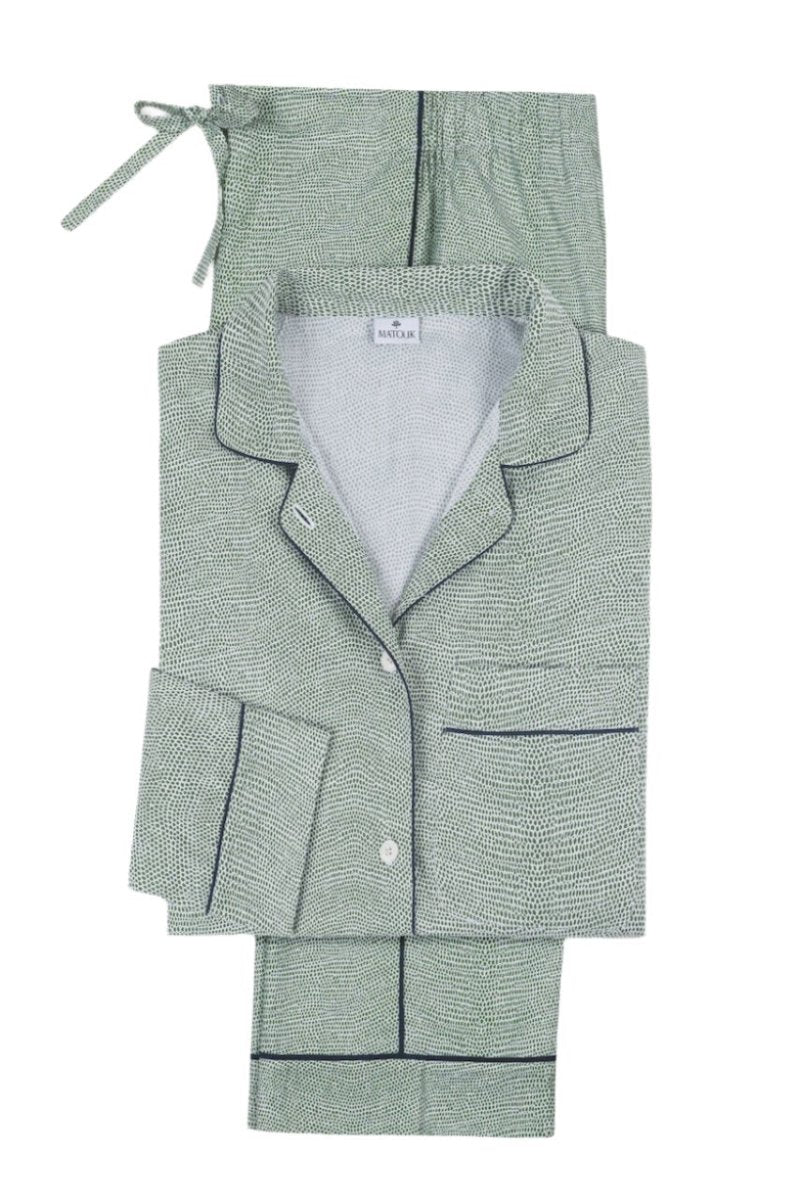 Pajamas - Matouk Jasper 100% Cotton PJ Set in Green with Navy Blue Piping at Fig Linens & Home
