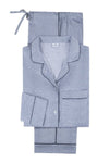 Pajamas - Matouk Jasper 100% Cotton PJ Set in Steel Blue with Navy Blue Piping at Fig Linens & Home