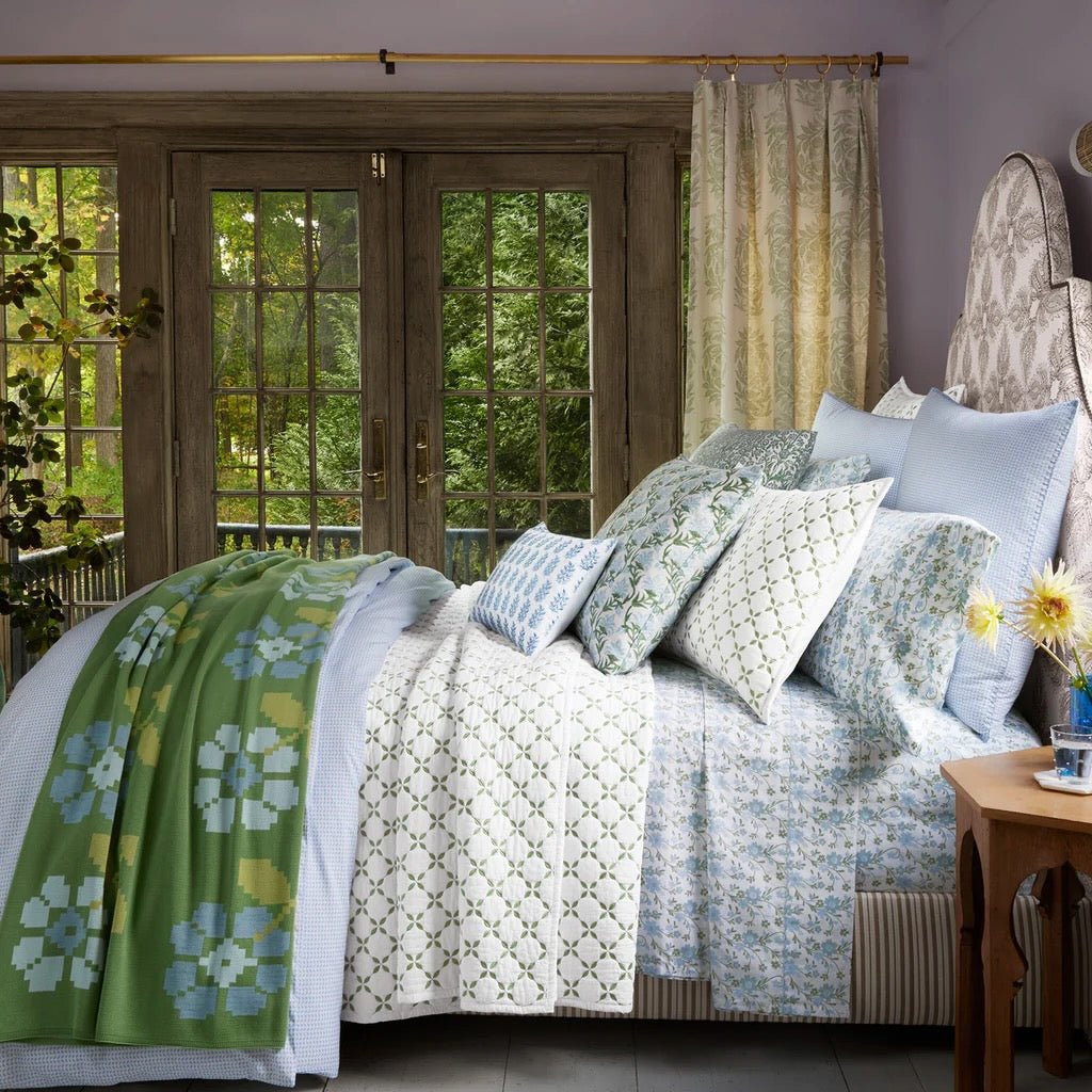 John Robshaw Kidney Lumbar Pillow Jivan Light Indigo Pillow  | Fig Linens and Home on Bed