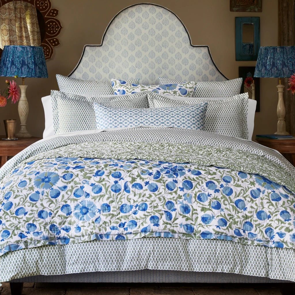 John Robshaw Nalin Light Indigo Embroidered Blue Bolster Pillow - Lifestyle at Fig Linens and Home 3