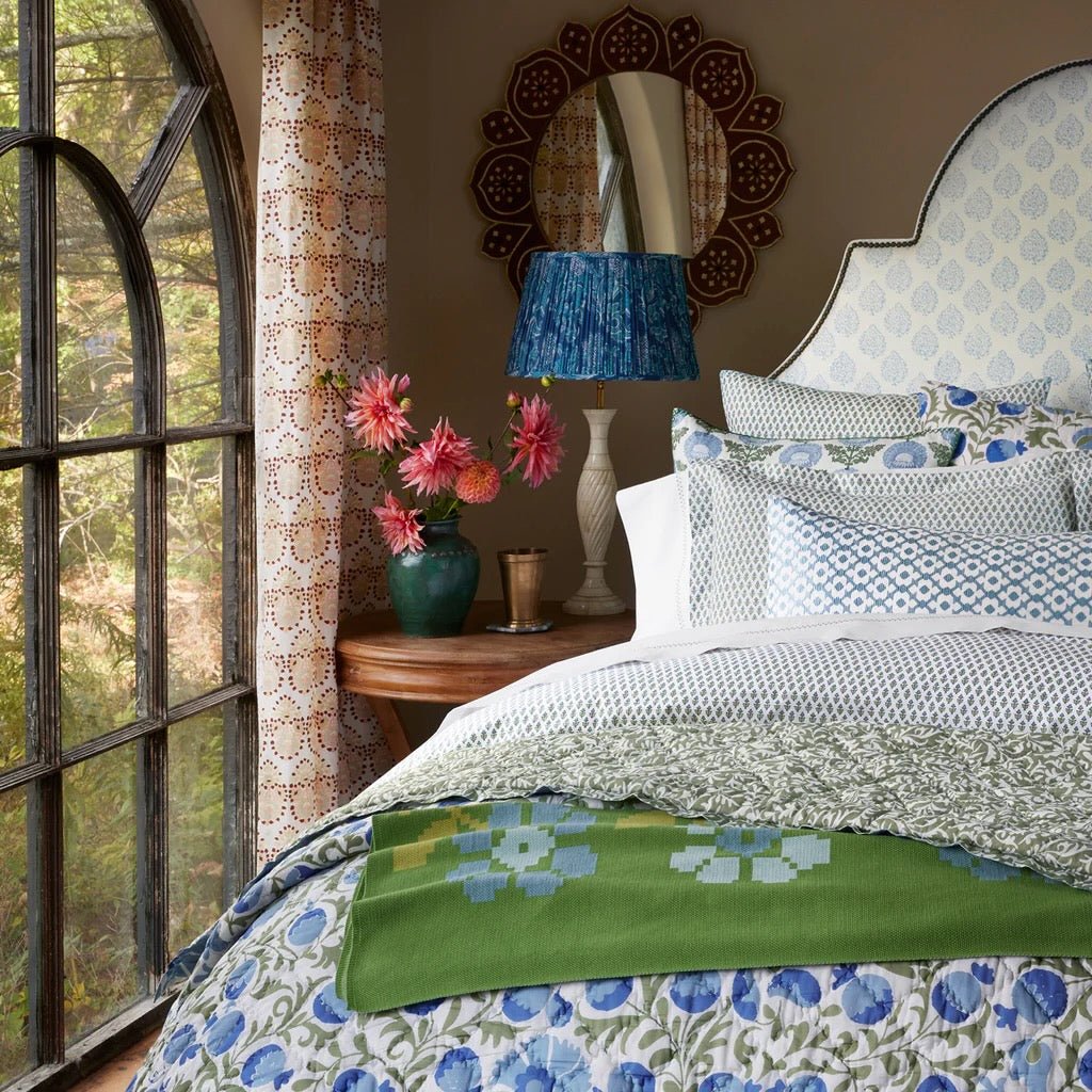 John Robshaw Nalin Light Indigo Embroidered Blue Bolster Pillow - Lifestyle at Fig Linens and Home 2