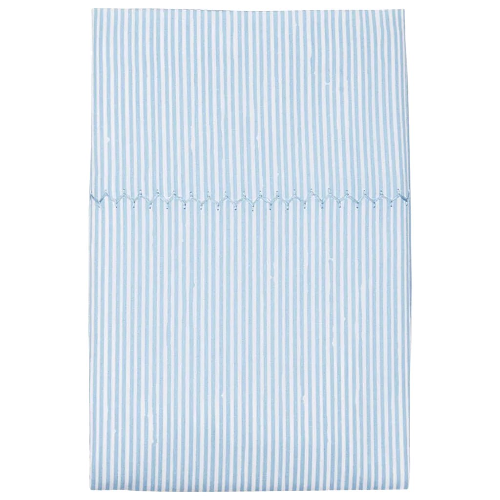 Flat Sheet Detail - John Robshaw Nandi Light Indigo Blue Striped Bed Sheets at Fig Linens and Home