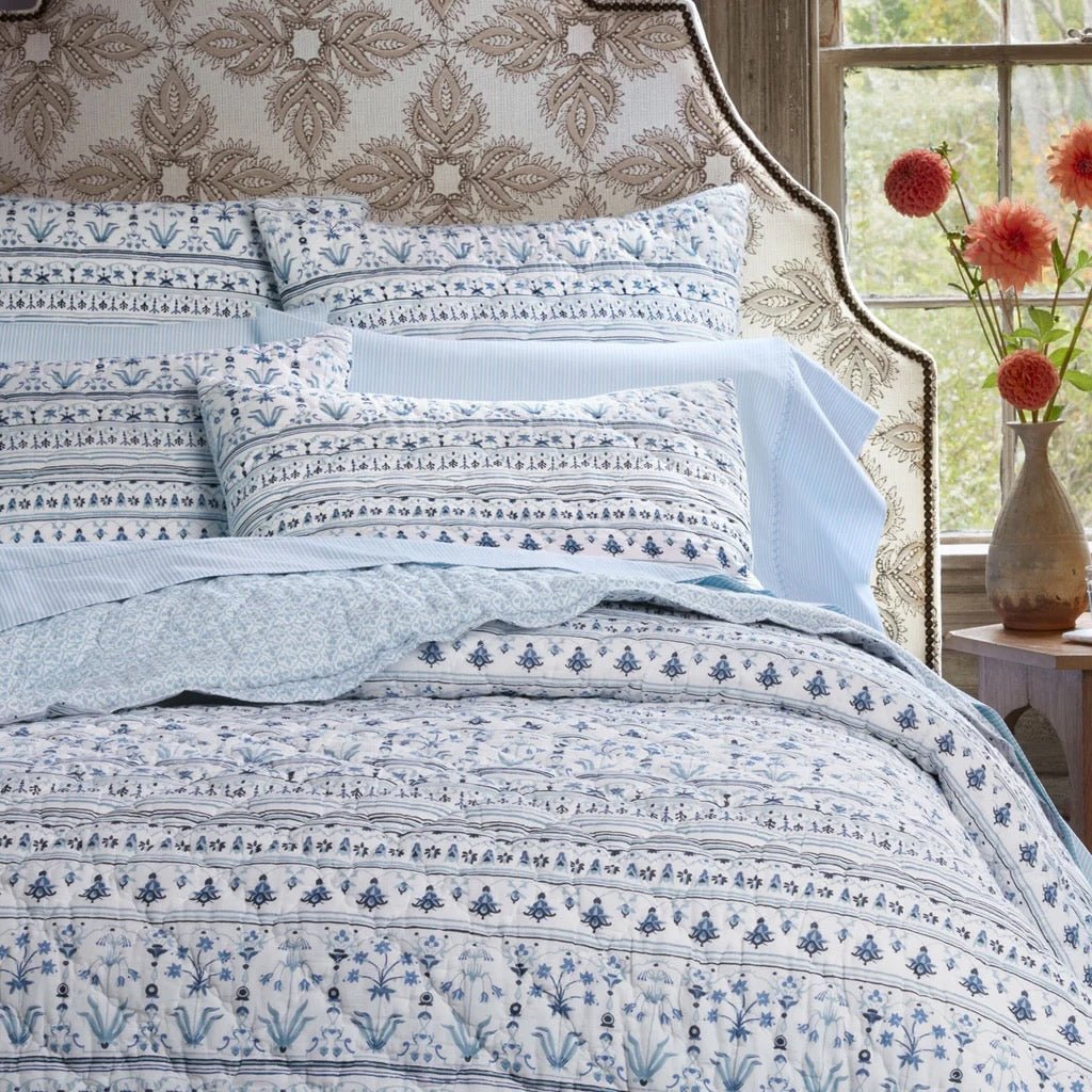 Lifestyle Photo of Nandi Light Indigo Blue Striped Bed Sheets  - John Robshaw at Fig Linens and Home - 1