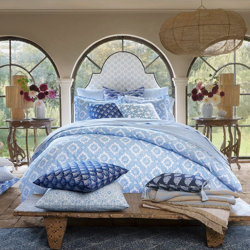 John Robshaw Bedding - Sofi Indigo Blue Lumbar shown on bed - Throw Pillows at Fig Linens and Home