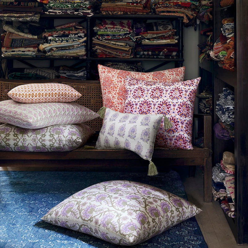 John Robshaw Textiles at Fig Linens and Home - Sofi Lavender Lumbar shown with other cushions