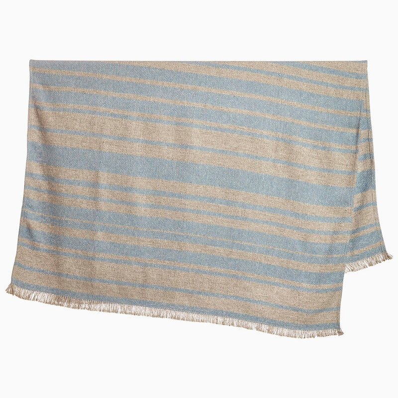 John Robshaw Throw Blanket - Hanging Open - Ekram Light Indigo Blue Throw with Fringe