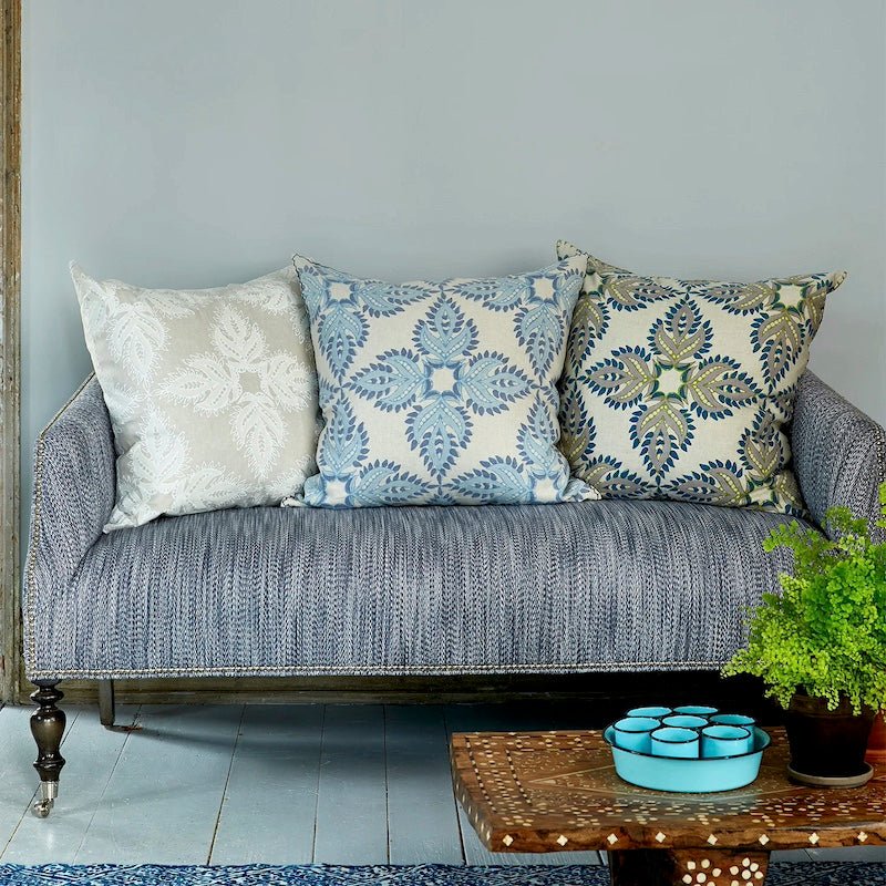 John Robshaw Verdin Pillows on Sofa - Verdin Lapis Blue Euro Shown in Center