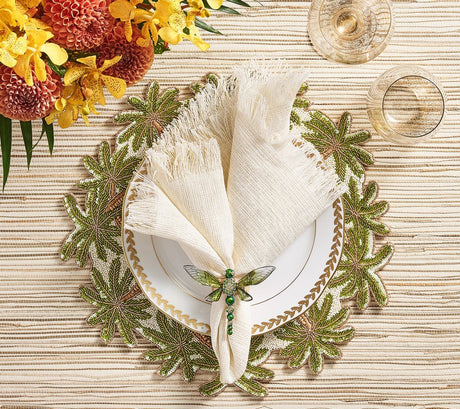 Oasis Placemat in Ivory Green & Gold Set of 2 by Kim Seybert - Lifestyle with Napkin 1