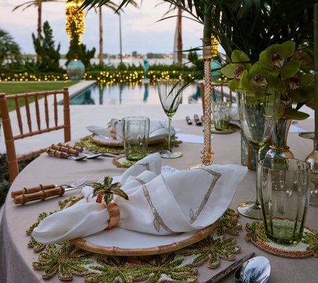 Oasis Placemat in Ivory Green & Gold Set of 2 by Kim Seybert - Table Setting at Pool