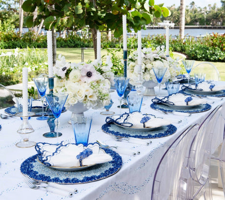 Kim Seybert Placemats - Lagoon Navy Blue Set of Placemats on Outdoor Tablescape