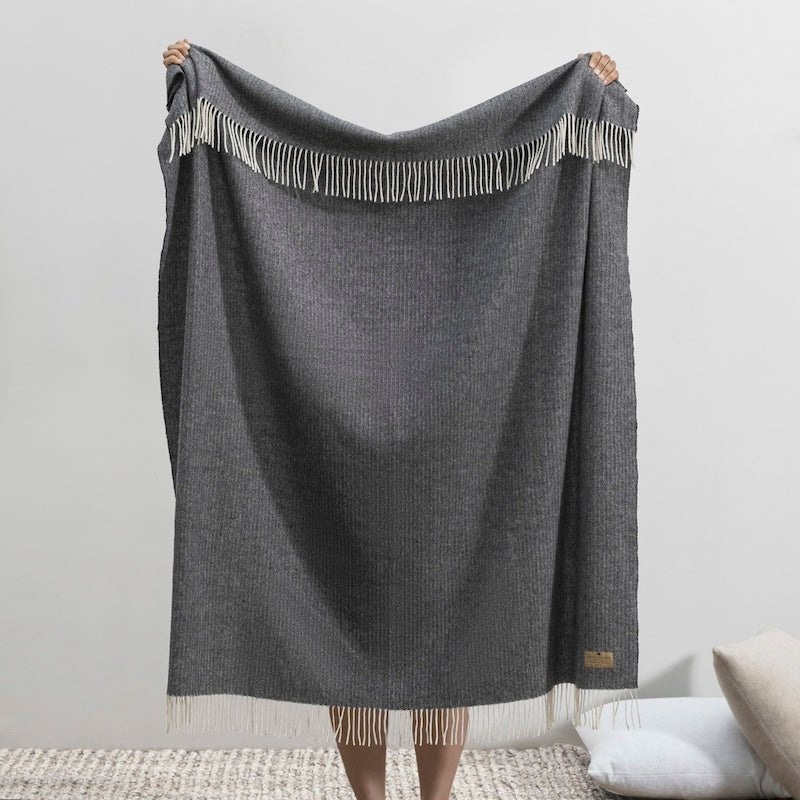 Cashmere Throw - Lands Downunder Black Onyx Pinstripe Cashmere Throw - Full Length with Fringe