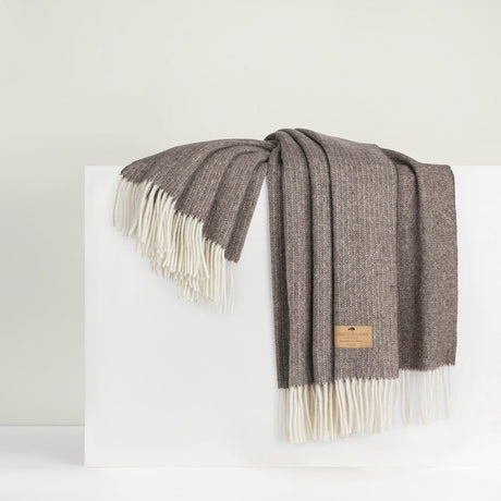 Cashmere Throw - Lands Downunder Mocha Pinstripe Cashmere Throw - Folded on Riser