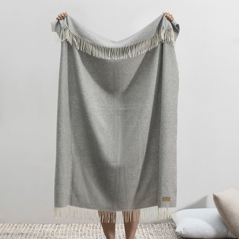 Cashmere Throw - Lands Downunder Silver Gray Pinstripe Cashmere Throw - Full Length with Fringe