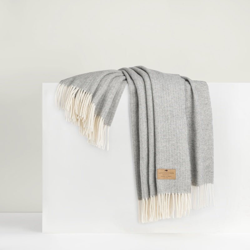 Cashmere Throw - Lands Downunder Silver Gray Pinstripe Cashmere Throw - Folded on Riser