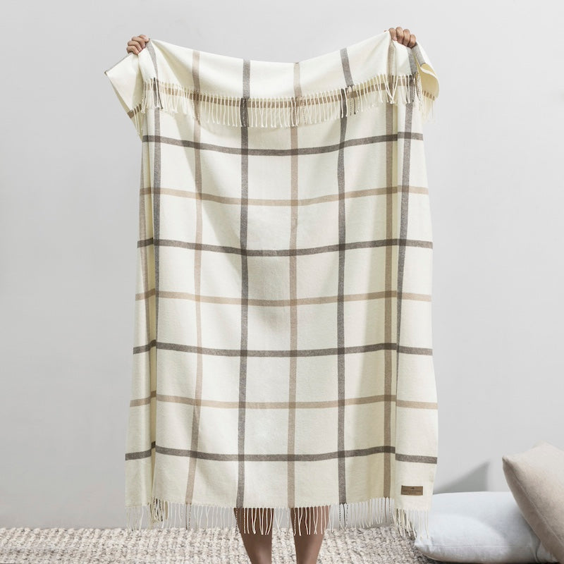 Lands Downunder Plaid Throw - Tattersall Dune and Barnwood Blanket - Shown hanging with Fringe