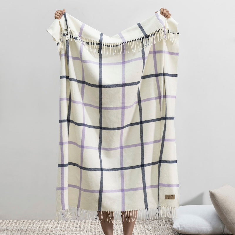 Lands Downunder Throw Blanket - Lilac and Navy Tattersall Plaid Throw Hanging to show fringe