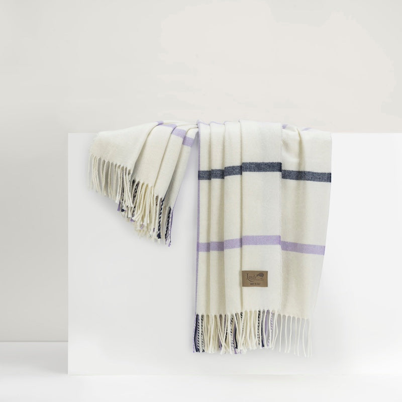 Lands Downunder Throw Blanket - Lilac and Navy Tattersall Plaid Throw Hanging to show fringe