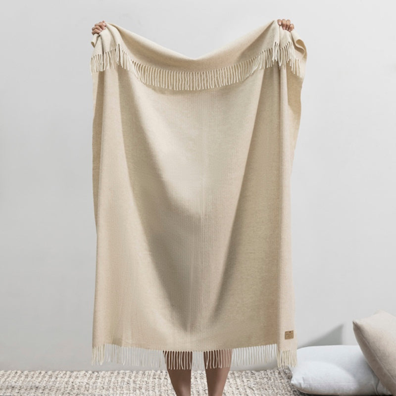 Sand Pinstripe Cashmere Wool Throw by Lands Downunder - Hanging