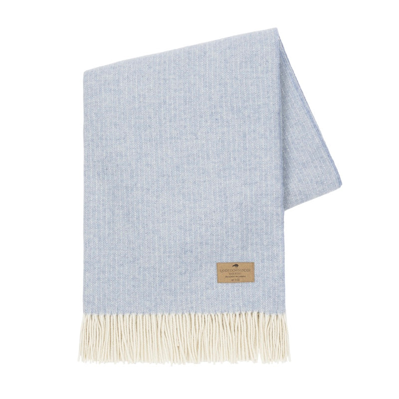 Cashmere Throw - Lands Downunder Sky Blue Pinstripe Cashmere Wool Throw - Folded with Fringe Shown