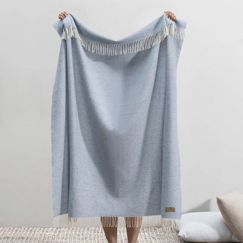 Cashmere Throw - Lands Downunder Sky Blue Pinstripe Cashmere Wool Throw - Folded with Fringe Shown